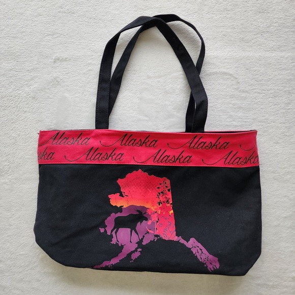 Arctic Circle Enterprises Handbags - Alaska Canvas Tote Bag Black Red Pink‎ Sunset Moose Souvenir